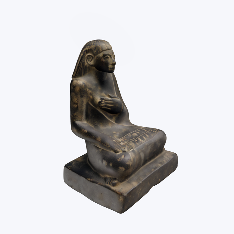 A SplatDrop Gaussian splat of a seated statuette, three-quarter view, sharp and photoreal