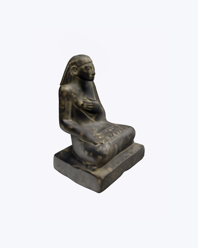The same seated statuette as a 3D Gaussian Splat from TripoSplat, three-quarter view