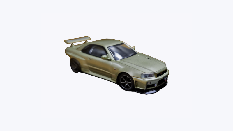 The same diecast model car as a 3D Gaussian Splat from TripoSplat, three-quarter view
